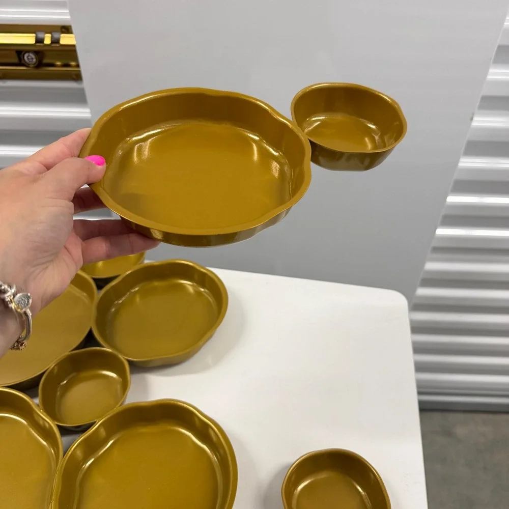 9 Piece Gold Scalloped Serving Bowl Set Metallic Nesting Trays Home Decor